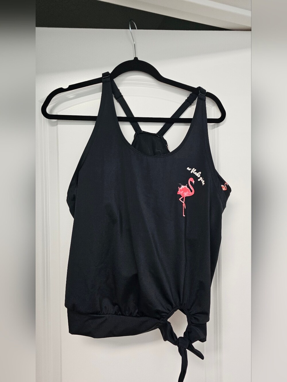 Cacique Black Tank Swim Top with Pink Flamingo Sz 14 "NO FLOCKS GIVEN"